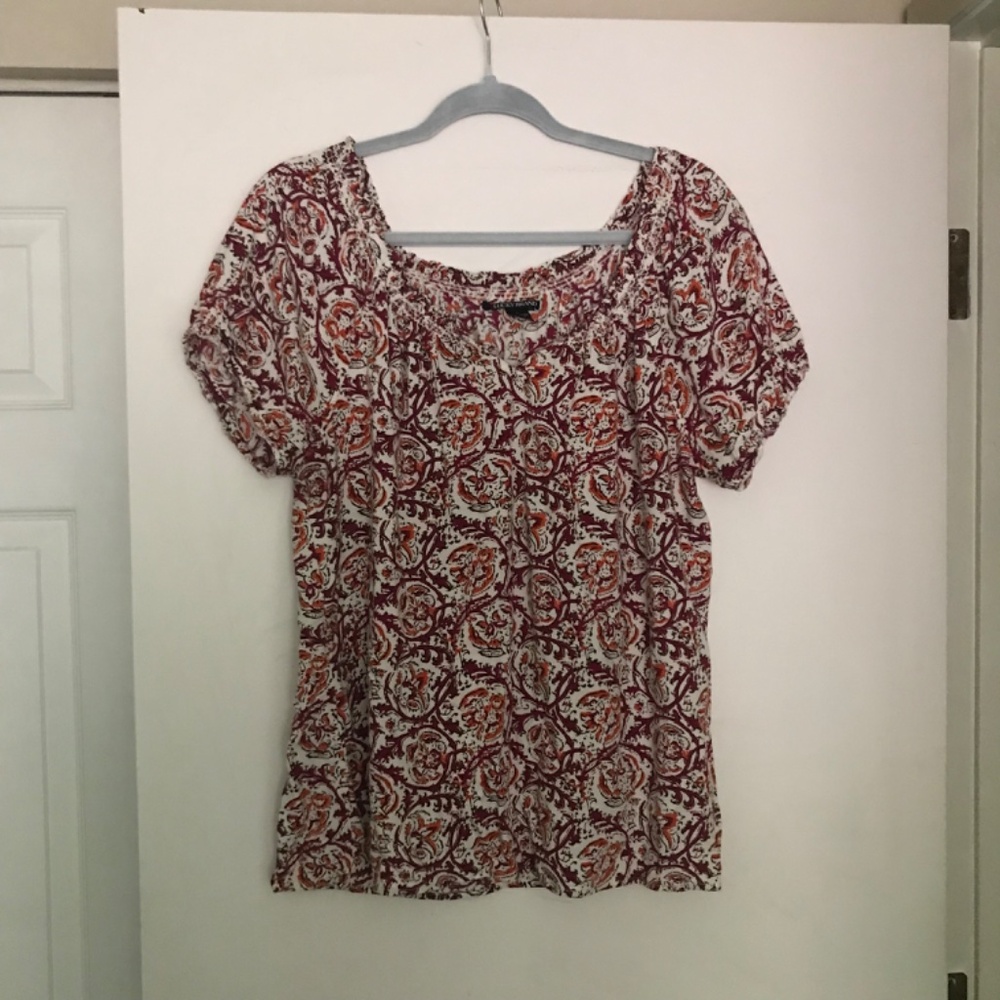 Lucky Brand peasant blouse tie front L floral bohemian cream red orange rayon